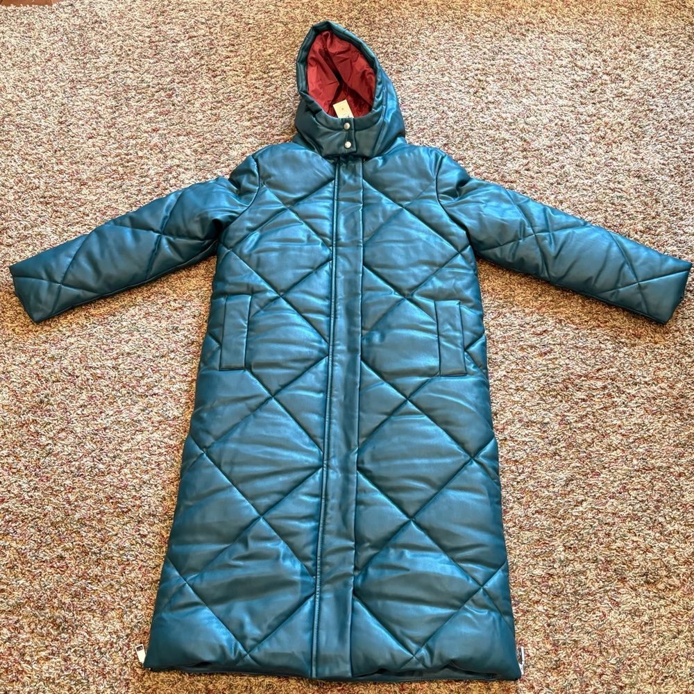 Rebecca Minkoff Vegan Leather Long Quilted Puffer Coat Deep Sea Green Hooded S